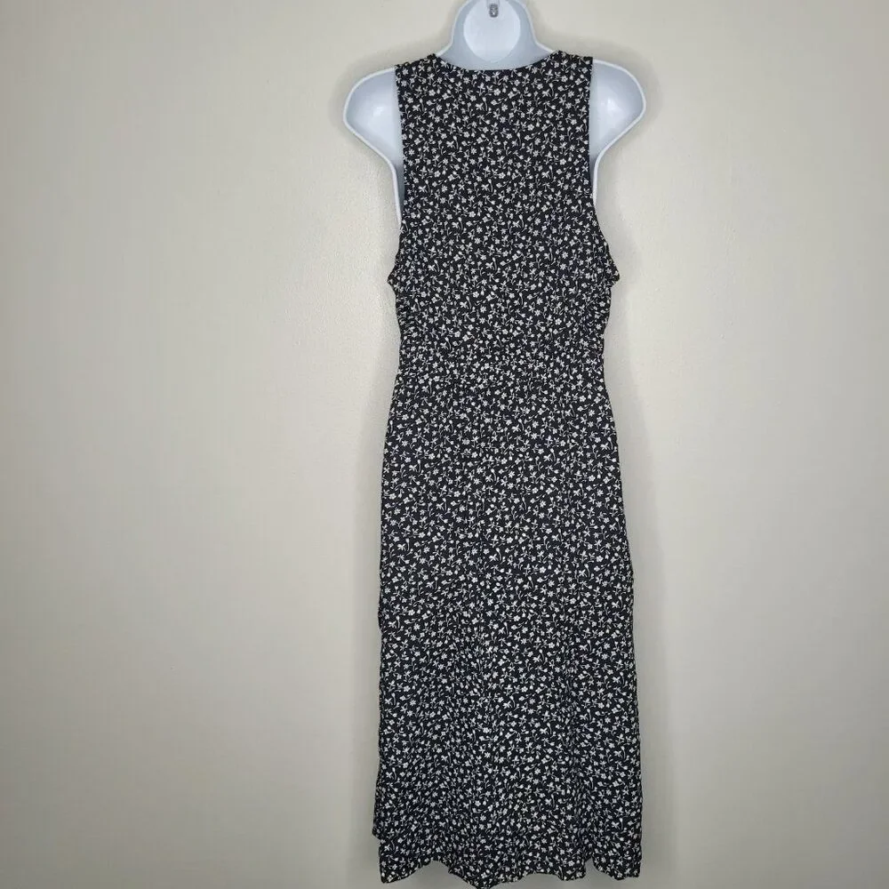 Vintage 80s 90s black white ditsy floral moody midi dress size 8 pockets